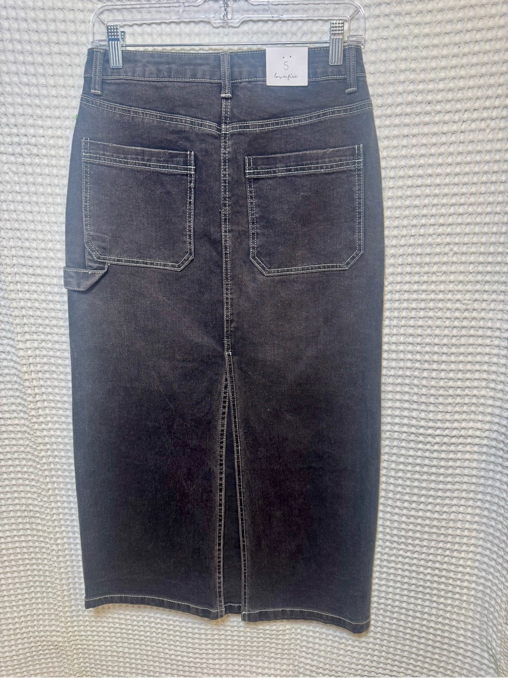 NWT Love, Fire High Rise Carpenter Maxi Skirt. Size 4 Black Denim Slit Skirt - Picture 2 of 6